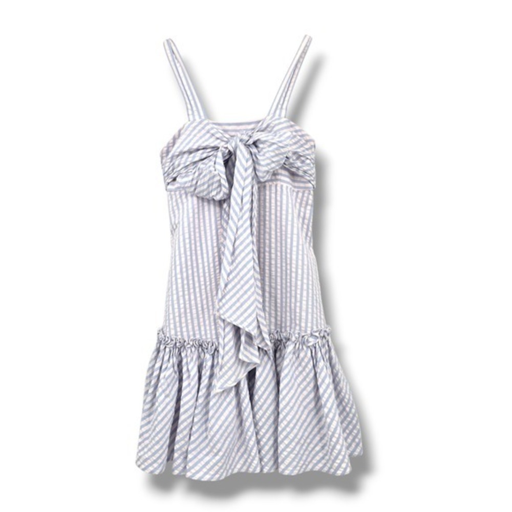 Helena Striped Mini Dress Women's Size‎ 8 Blue White Tie Front Ruffle Hem